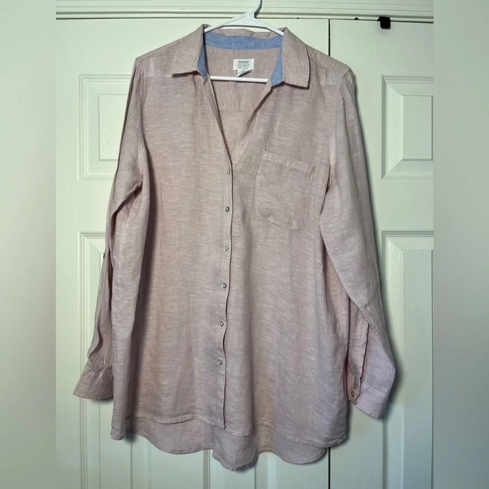 Sigrid Olsen Pink Linen Button Down Cover Up Size Large EUC - Picture 4 of 9